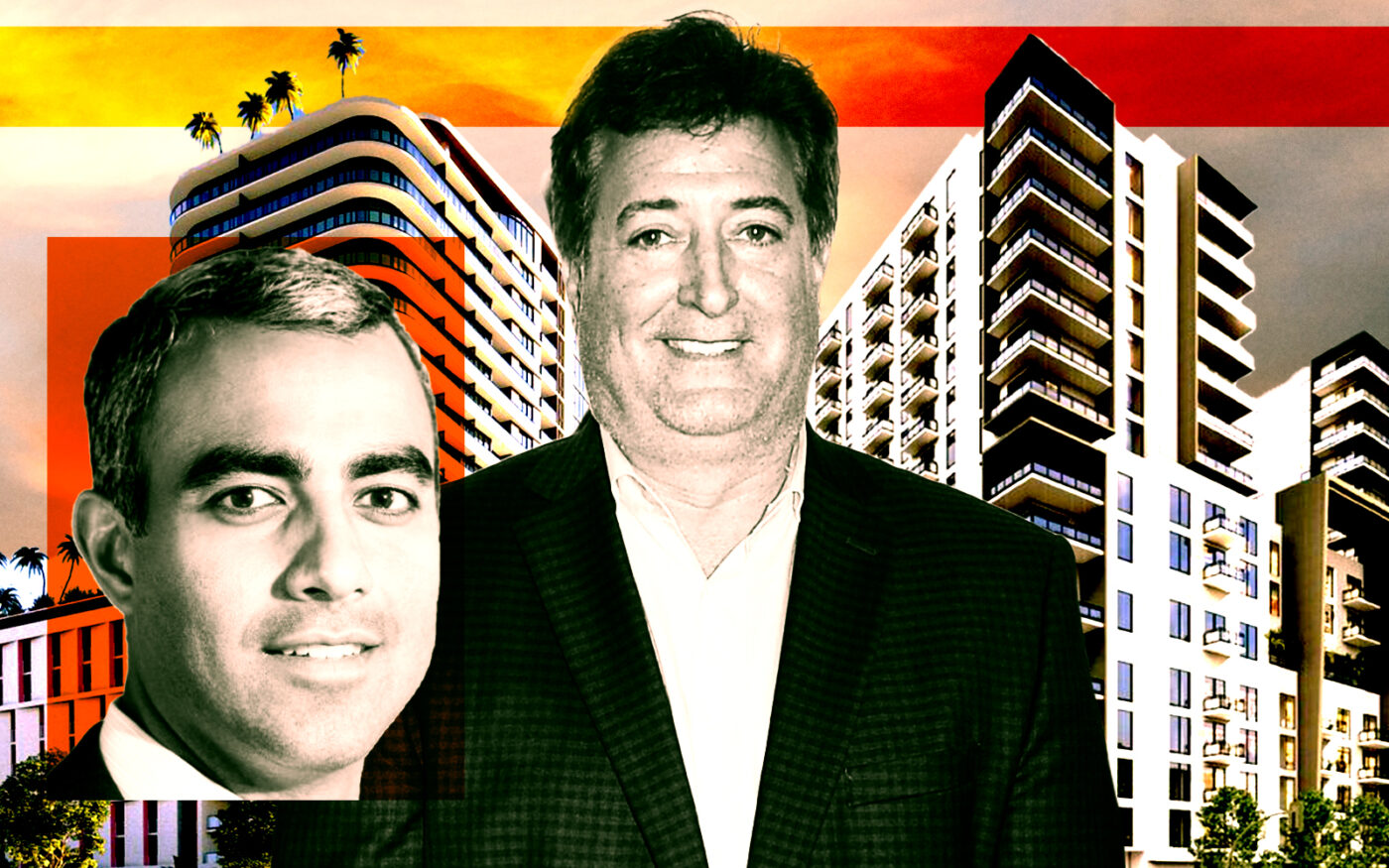 A photo illustration of Trilogy’s Neil Gehani (left) and Alta Development’s Henry Pino (right) along with renderings of Residence 27 (left) and River District 14 (right) (Getty, Alta Development, Behar Font Partners, SB Architects, Trilogy)