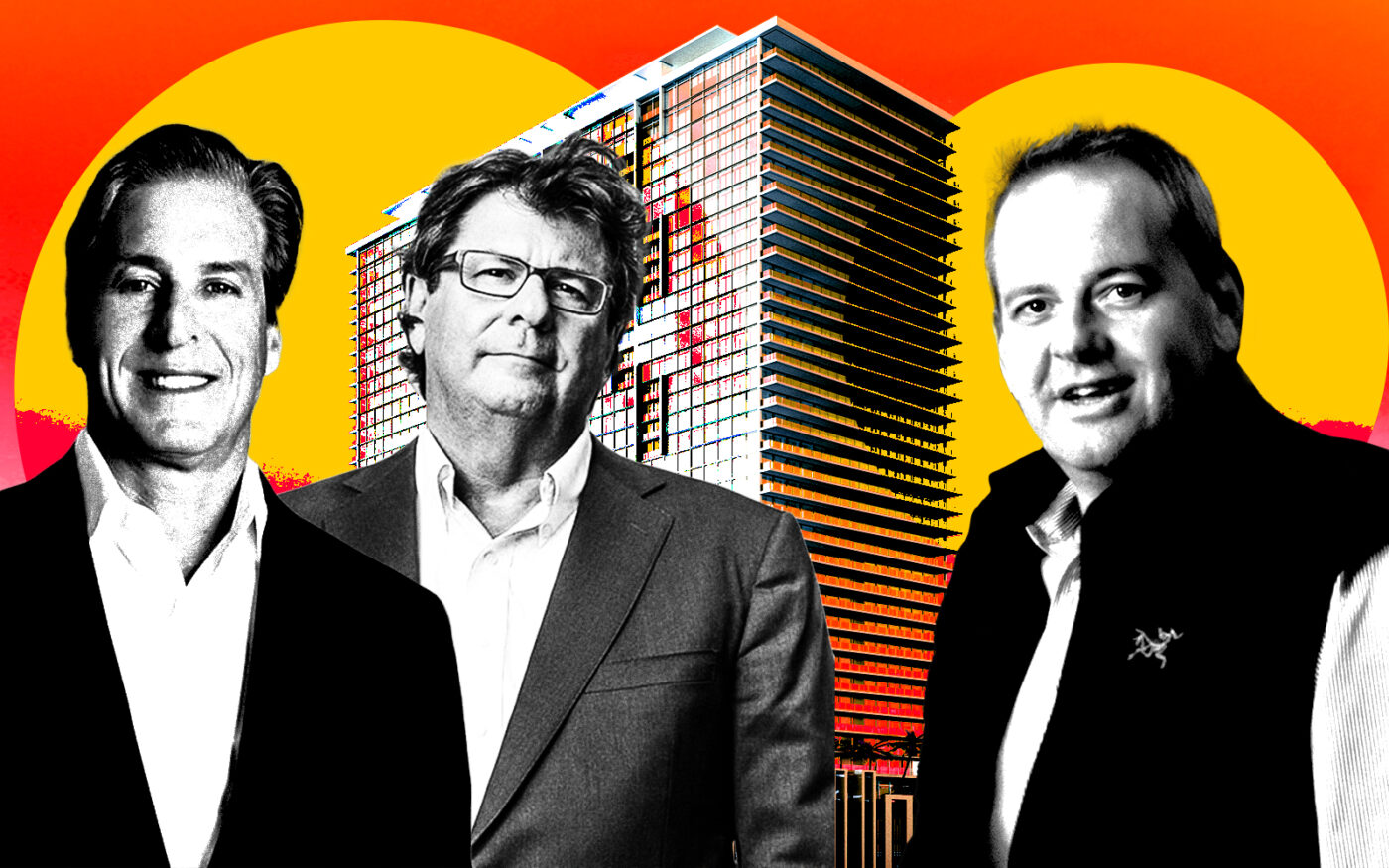 From left: Eden’s Jay Massirman and Jay Jacobson, Dermot’s Steve Benjamin and a rendering of apartment building at 1018 North Miami Avenue (Getty, Kobi Karp, Eden, Dermot)