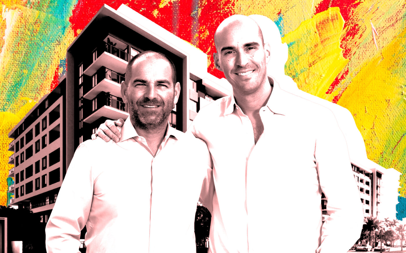 The Calta Group’s founders Ignazio and Gaetano Caltagirone along with a rendering of Revv Hollywood in Hollywood (Getty, The Calta Group, Borges Architects + Associates)