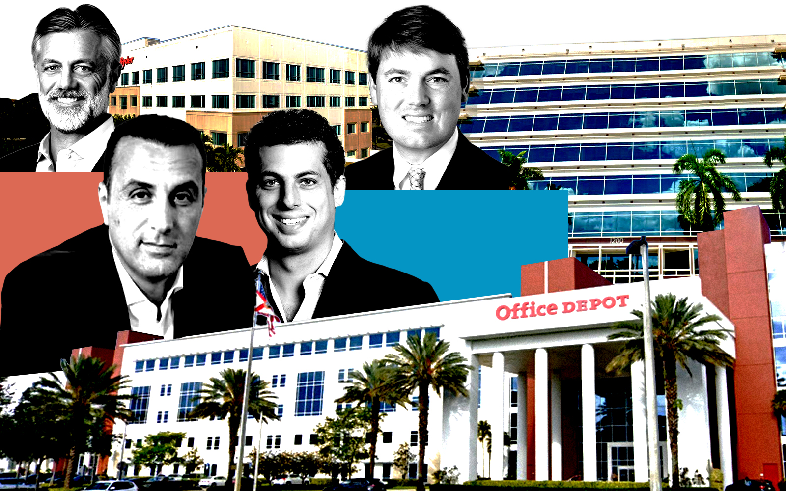 From left: Bridge Industrial’s Steve Poulos with 11690 Northwest 105th Street in Miami-Dade County; BH Group’s Issac Toledano and Pebb Enterprises’ Ian Weiner with Office Depot headquarters at 6600 North Military Trail in Boca Raton (Getty, Google Maps, Bridge Industrial, BH Group, Pebb Enterprises)