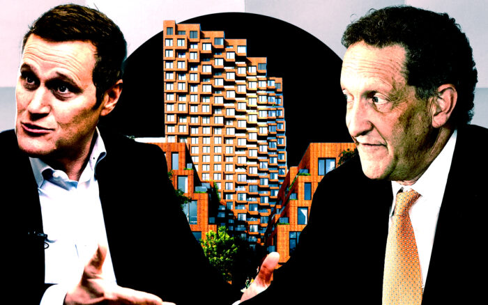 From left: Tishman Speyer CEO Rob Speyer and San Francisco Giants' CEO Larry Baer along with a rendering of 1001-1049 Third Street (Getty, Tishman Speyer)