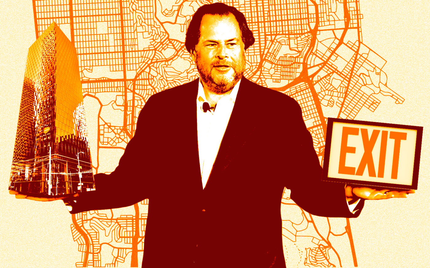 Salesforce's Marc Benioff and 350 Mission Street (Getty, Dead.rabbit, CC BY-SA 4.0 - via Wikimedia Commons)