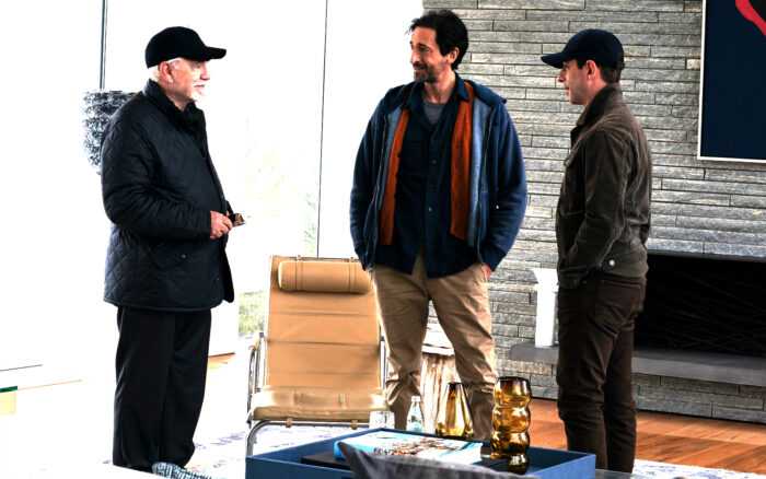 From left: Brian Cox, Adrien Brody and Jeremy Strong in 115 Beach Lane in Wainscott, Long Island (Getty, Bespoke Real Estate, Photograph by Macall B. Polay/HBO)