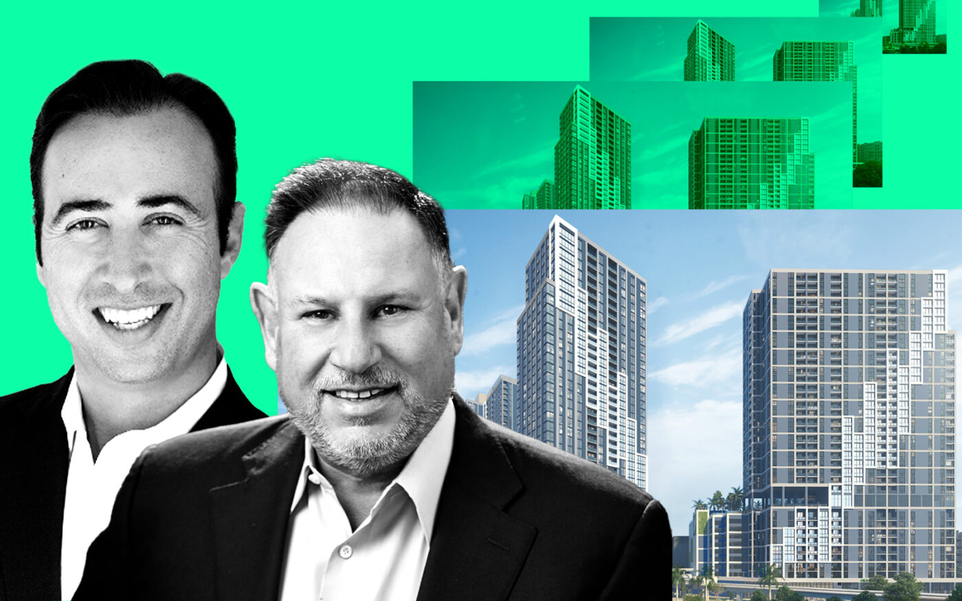 13th Floor Investments’ Arnaud Karsenti and of Adler Group’s Michael Adler with a rendering of the Link at Douglas development in Miami