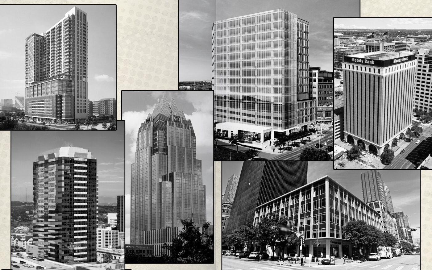 (L-R) The Quincy at 93 Red River Street, Chase Tower at 221 W 6th Street, Frost Bank Tower at 401 Congress Avenue, Shoal Creek Walk at 835 West 6th Street, 400 West at 400 West 15th Street and 501 Congress at 501 Congress Avenue