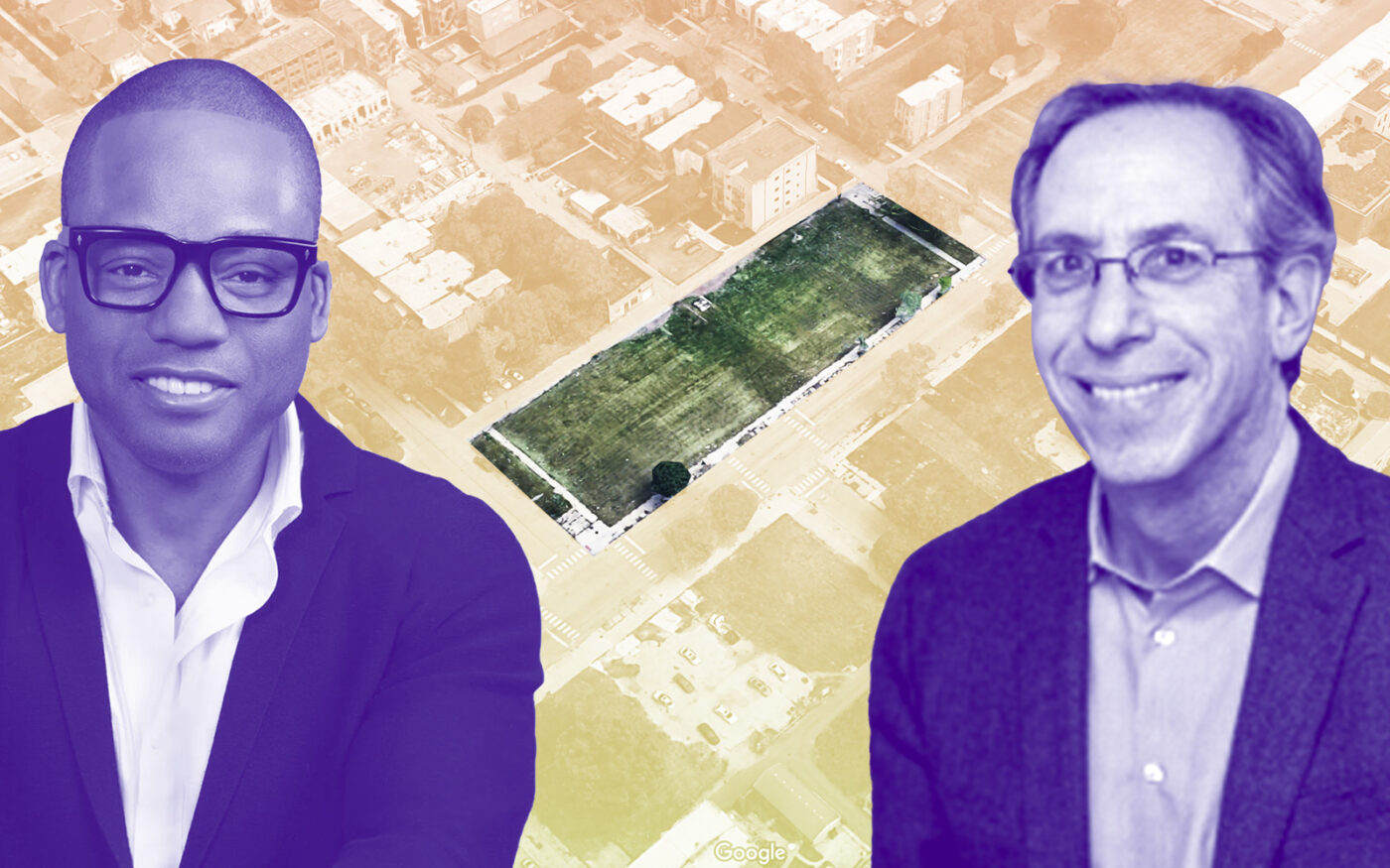 KMW founder Bill Williams and POAH CEO Aaron Gornstein with an aerial of 1000 East 63rd Street