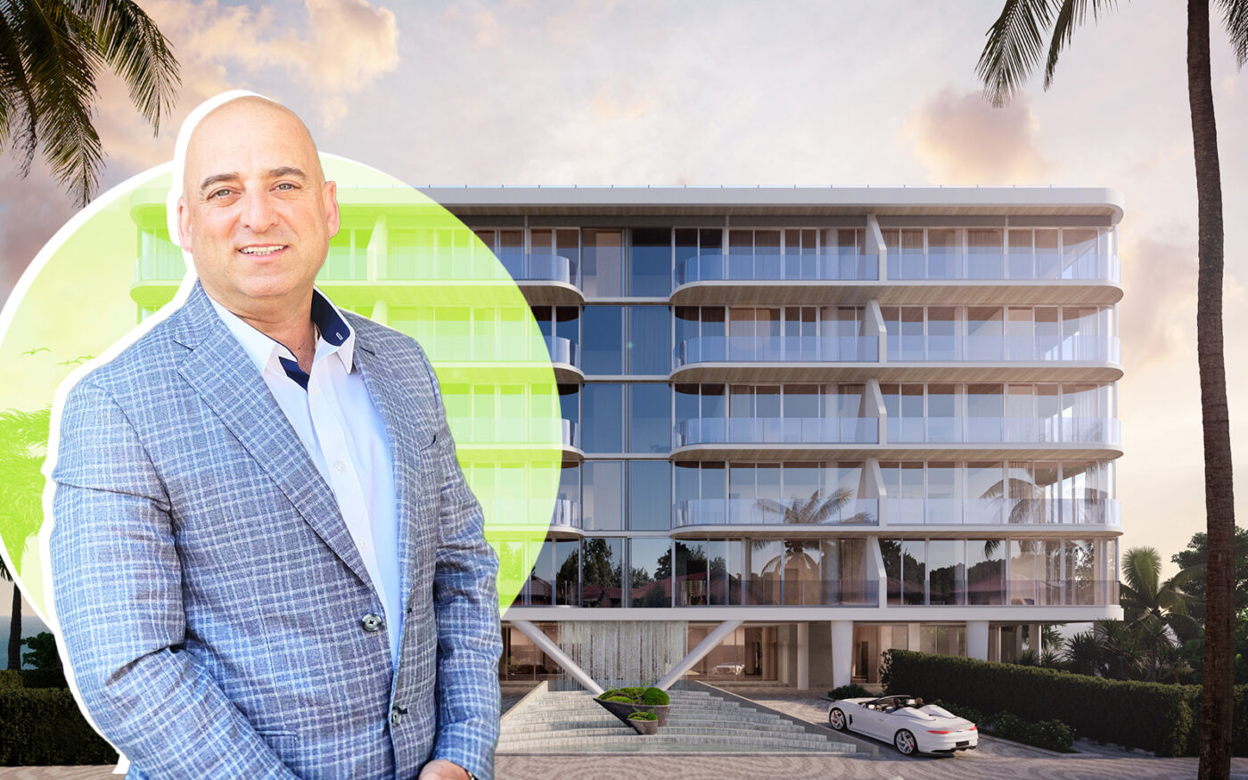 Deepak Khosa of Atlantic Group of Companies with a rendering of his planned oceanfront Pearl condominium project in Palm Beach Shores