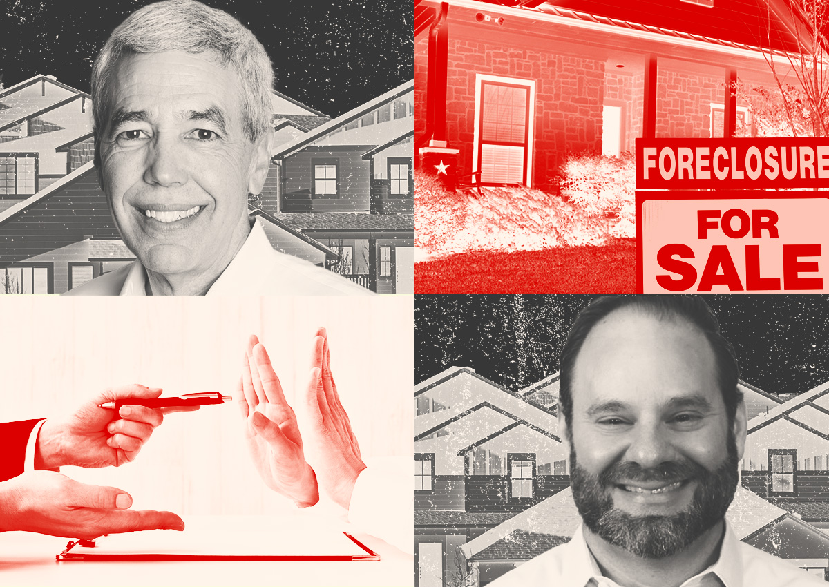HomeVestors' David Hicks and Anthony Lowenberg; foreclosed house; hands refusing to sign documents