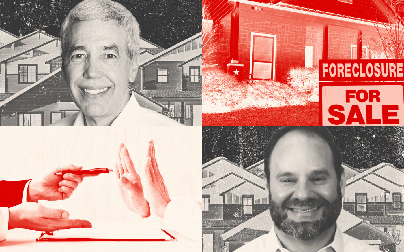 HomeVestors' David Hicks and Anthony Lowenberg; foreclosed house; hands refusing to sign documents