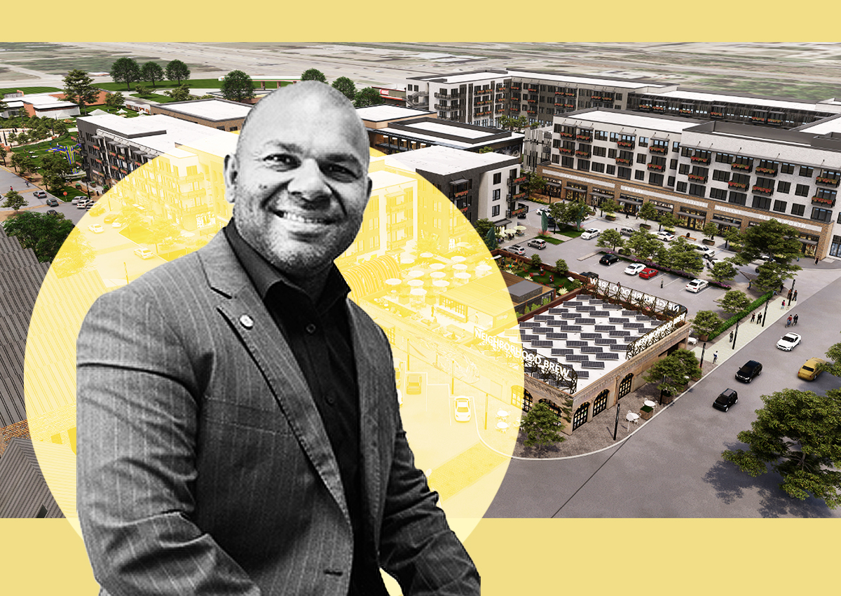 Hoque Global's Mike Hoque with renderings of 901 South Freeway & 900 Evans Avenue in Fort Worth