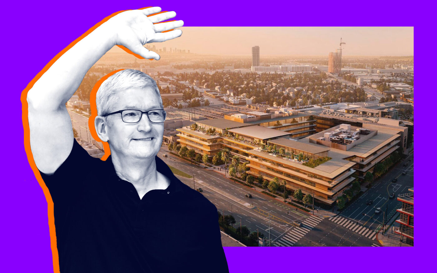 Apple's Tim Cook and a rendering of the office campus