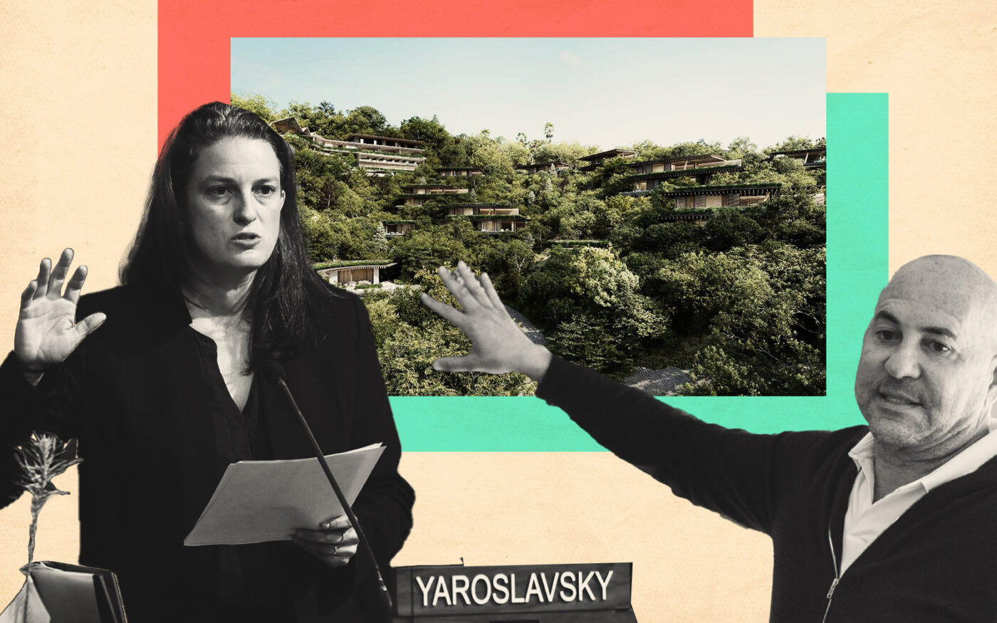 LA Councilmember Katy Yaroslavsky, rendering of Bulgari Hotel project, Gary Safady (Getty, Saota)