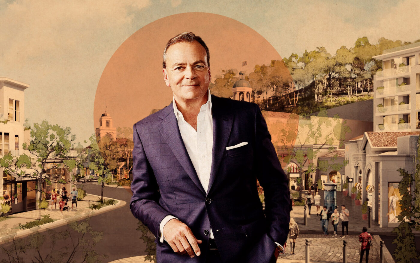 Caruso Affiliated's Rick Caruso; rendering of 4799 Commons Way, Calabasas (Getty, Caruso Affiliated)