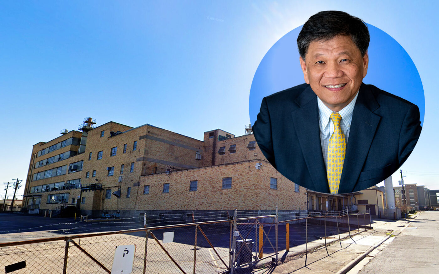 Lovett Commercial founder Frank Liu and the former Farmer Bros. coffee plant at 235 N Norwood Street in Houston