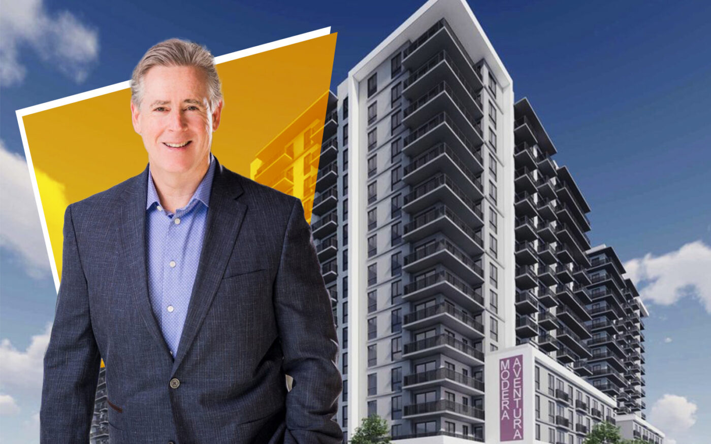 Mill Creek Residential CEO William MacDonald with a rendering of the Modera Aventura