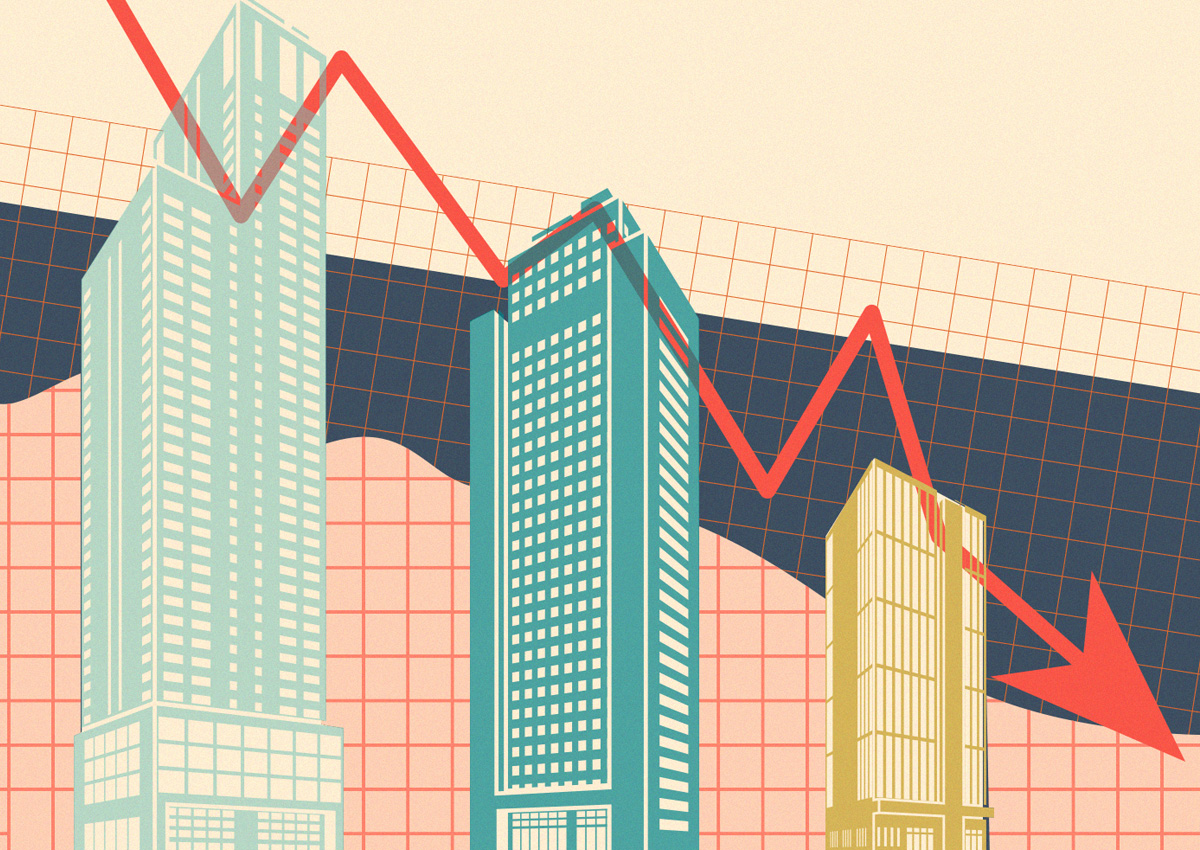 Offices decreasing in size; graph; downward arrow