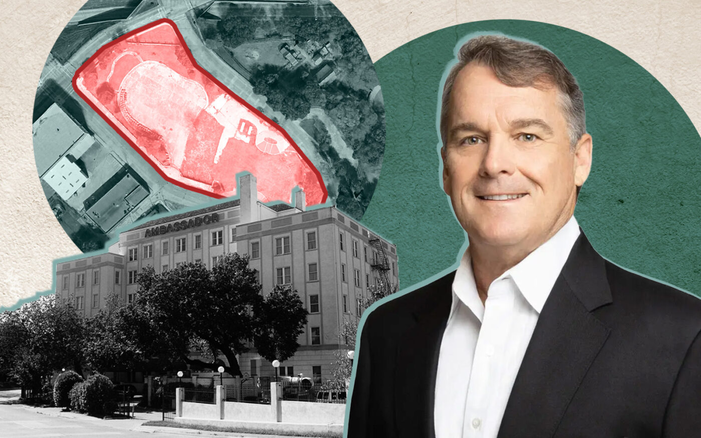 OHT Partners' Craig Hughes with The Ambassador Hotel and its new location at 1300 S Ervay Street in Dallas
