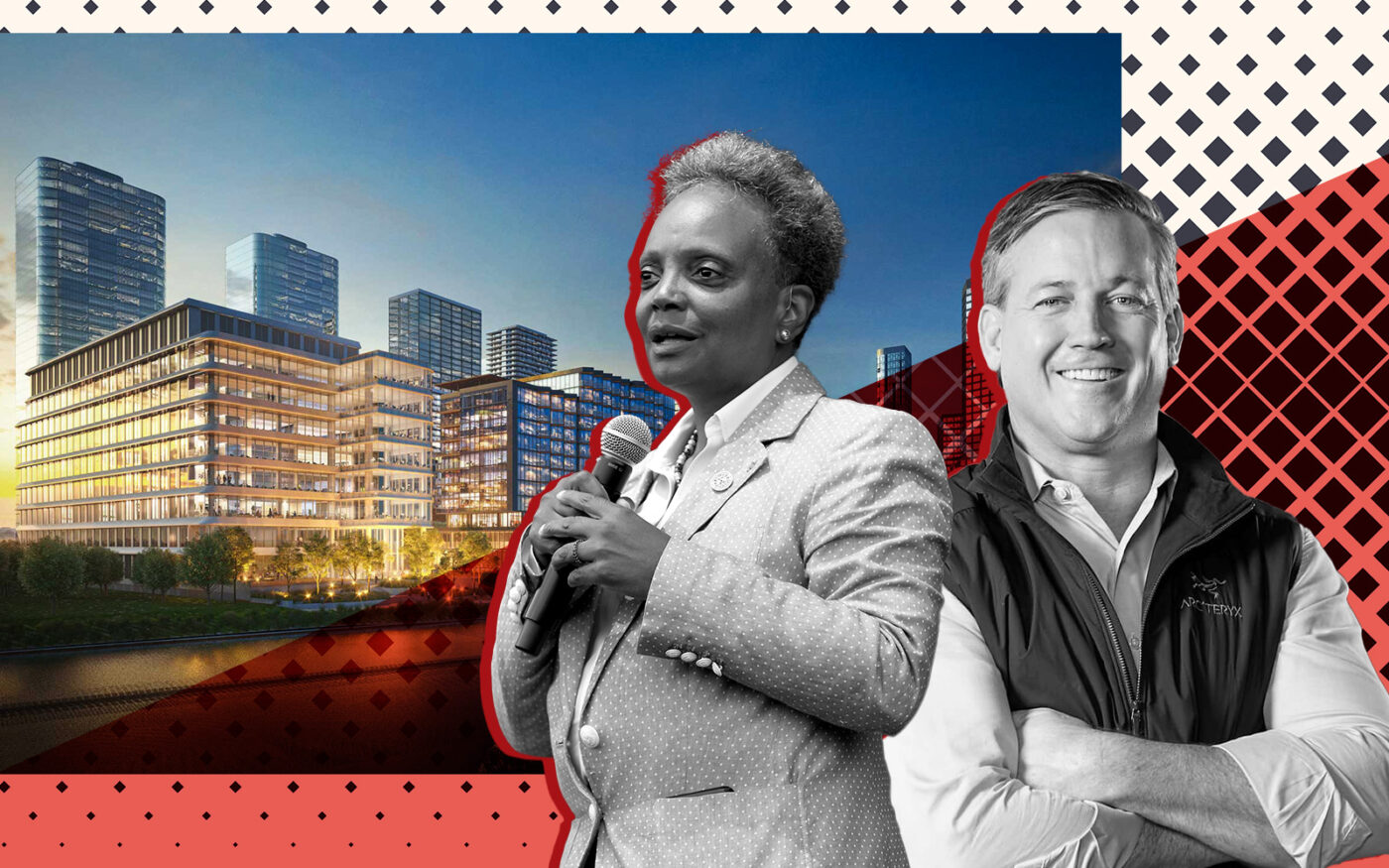 Lori Lightfoot and Sterling Bay CEO Andy Gloor with a rendering of the Lincoln Yards project