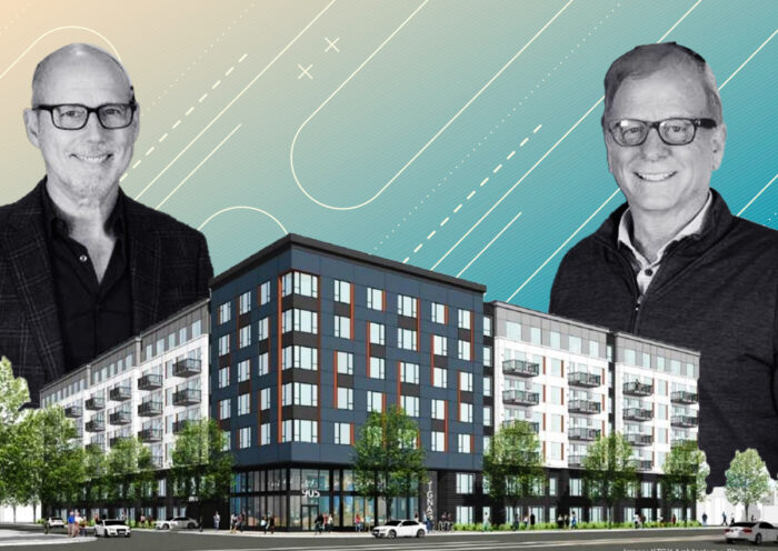 Trumark Homes' Gregg Nelson and Michael Maples with a rendering of Townhomes at 905 North Capitol Avenue in San Jose