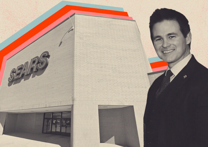 West Dundee Village President Chris Nelson with former Sears building at Spring Hill mall
