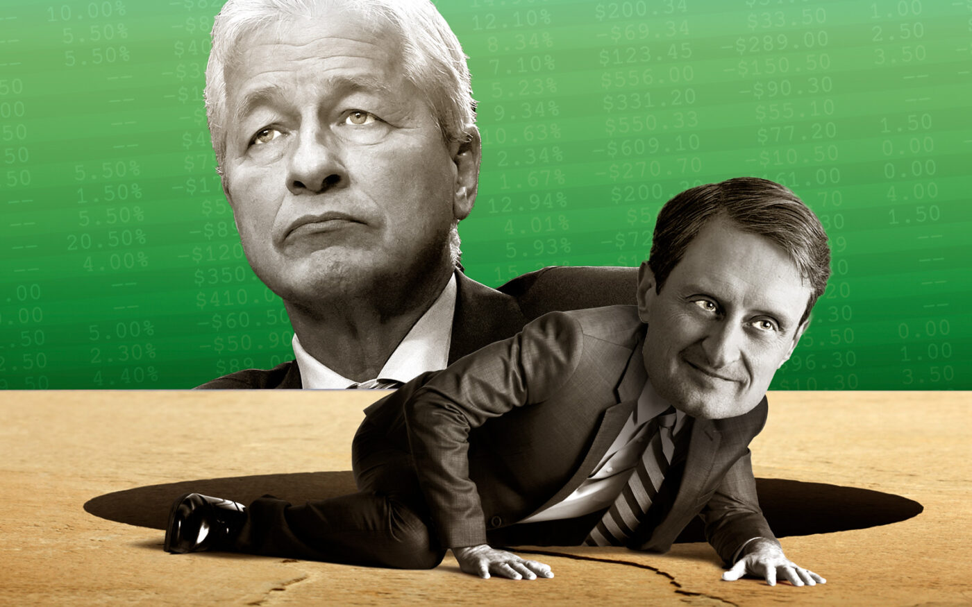 Photo illustration of First Republic CEO Mike Roffler (right) and JPMorgan Chase CEO Jamie Dimon