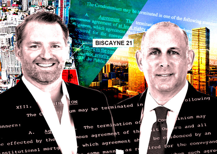 From left: Two Roads Development’s Taylor Collins and Reid Boren along with the current Biscayne 21 site (left) and a rendering of the planned project at Biscayne 21 (right) (Getty, Two Roads)