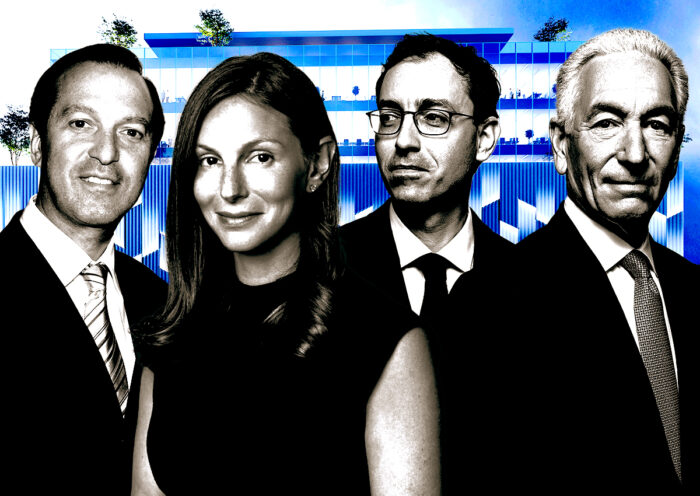 From left: Martin Miculitzki, Nicole Kushner Meyer, Laurent Morali and Charles Kushner with a rendering of Wynd 27 and Wynd 28 in Wynwood (Getty, Kushner Companies, Block Capital Group)