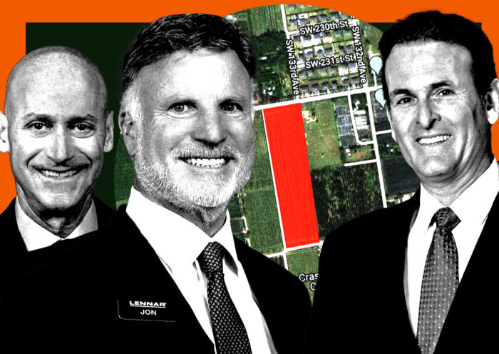 From left: Lennar’s co-CEOs Rick Beckwitt and Jon Jaffe along with Executive Chairman Stuart Miller and an aerial view of the Naranja site on the northwest corner of Southwest 236th Street and Southwest 133rd Avenue (Getty, Google Maps, Lennar)