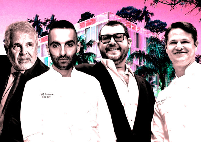 From left: Crescent Heights’ Russell Galbut, Major Food Group’s Mario Carbone, Jeff Zalaznick and Rich Torrisi, and a rendering of 1212 Lincoln (Getty, Crescent Heights, Major Food Group)