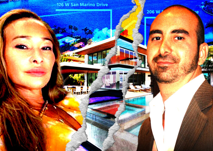 A photo illustration of Yanina Sapir and Alex Sapir along with the compound at 126 and 206 West San Marino Drive in Miami Beach (Getty, Luxe Living Realty, Instagram/yanina_fu_sapir)