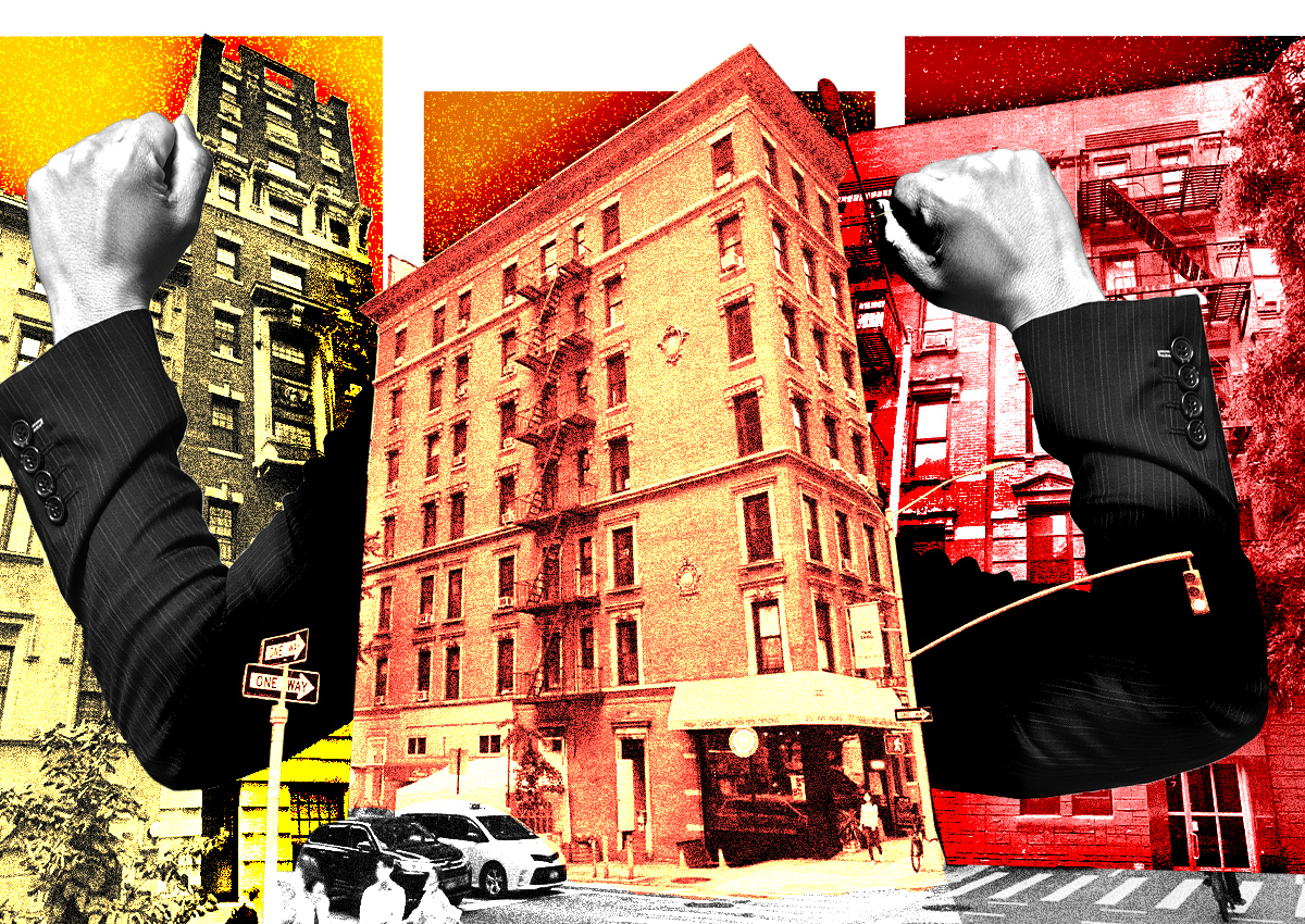 A photo illustration of 12 Fifth Avenue (left), 329-331 Lexington Avenue (middle), and 217-219 West 16th Street (right) (Getty, Google Maps)