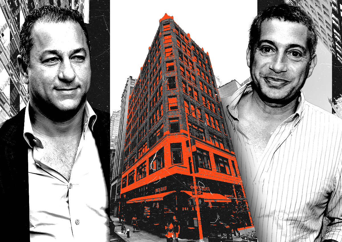From left: Premier Equities' Yaron Jacobi, Uzi-Ben Abraham and 1141 Broadway (Photo Illustration by Steven Dilakian for The Real Deal with Getty, Google Maps)