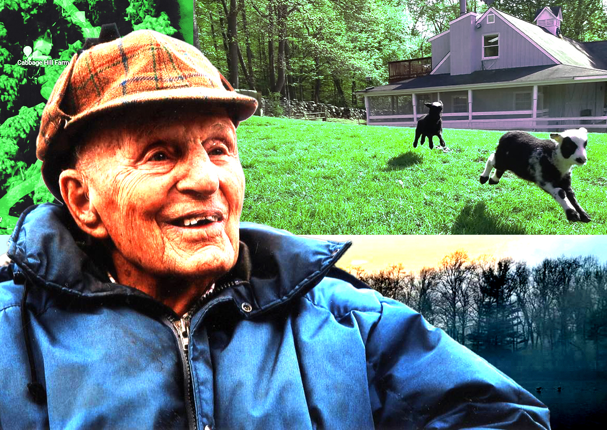 A photo illustration of late KKR co-founder Jerome Kohlberg and Cabbage Hill Farm at 115 Crow Hill Road in Mount Kisco (Kohlberg Foundation, Instagram/Cabbage Hill Farm, Google Maps)