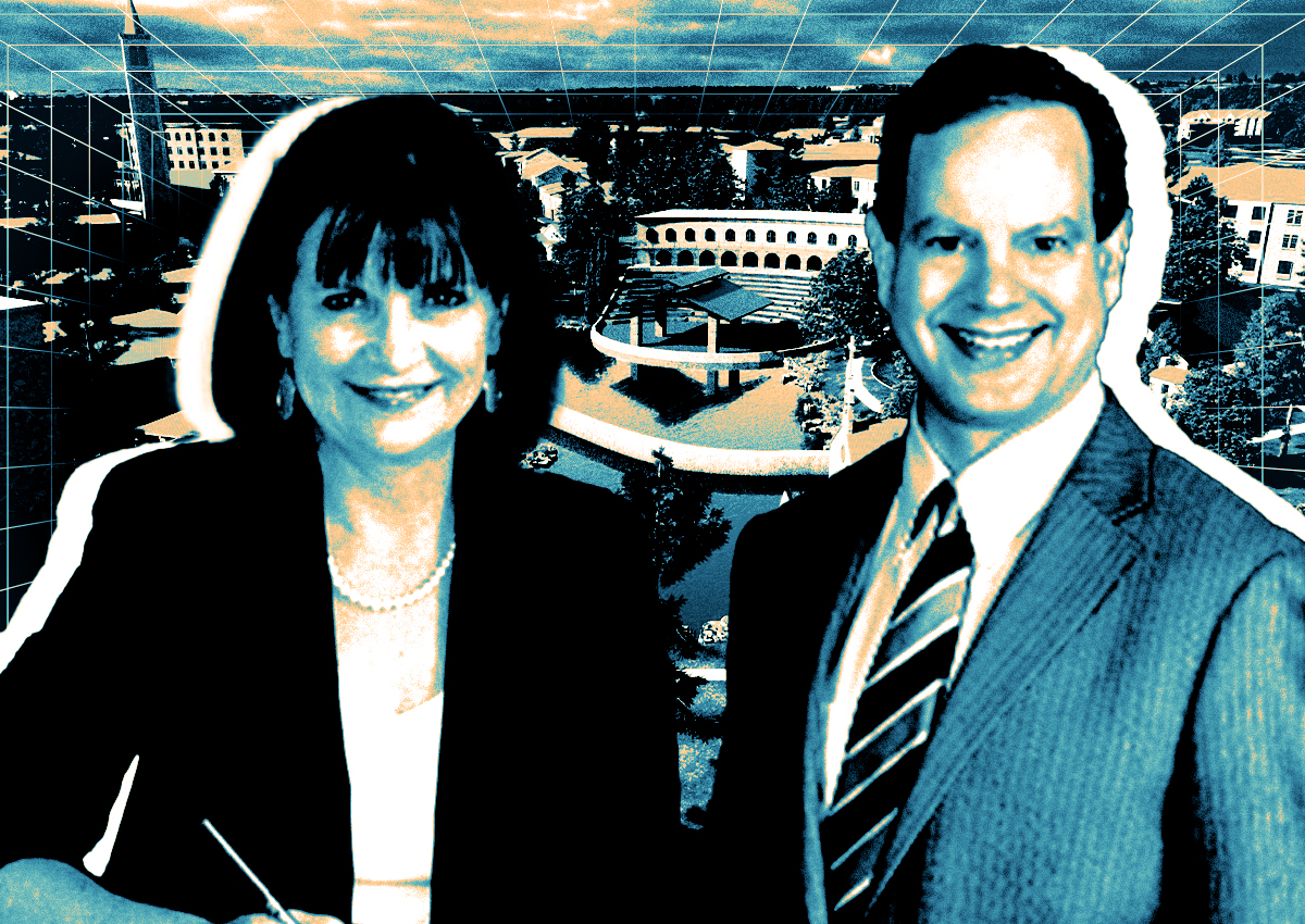 A photo illustration of Iva Wolf McLachlan, Donald McLachlan and a rendering of Wolf Lakes Village in Georgetown, near Austin (Getty, Wolf Lakes Village)