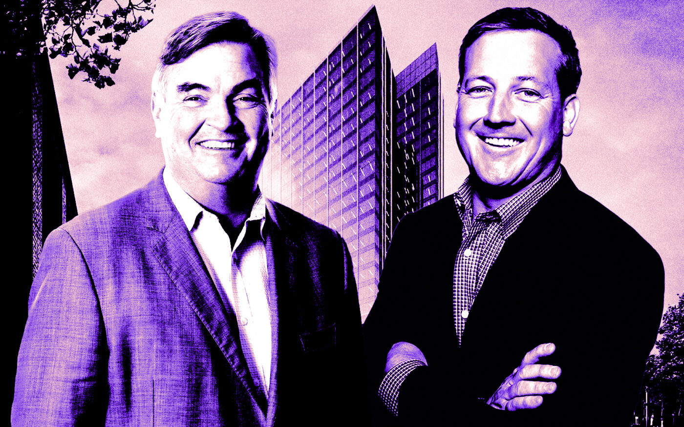 From left: Greenberg Traurig's Brian Duffy and Sterling Bay's Andy Gloor in front of a rendering of 360 North Green Street (Sterling Bay, Greenberg Traurig)