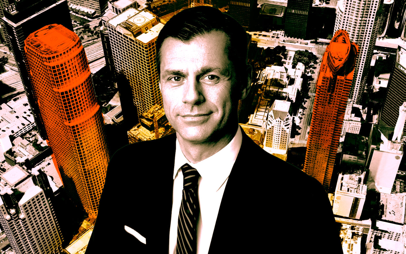 A photo illustration of Brookfield’s Brian Kingston with 777 South Figueroa Street (left) and 555 West 5th Street (right) (Brookfield, Google Maps)