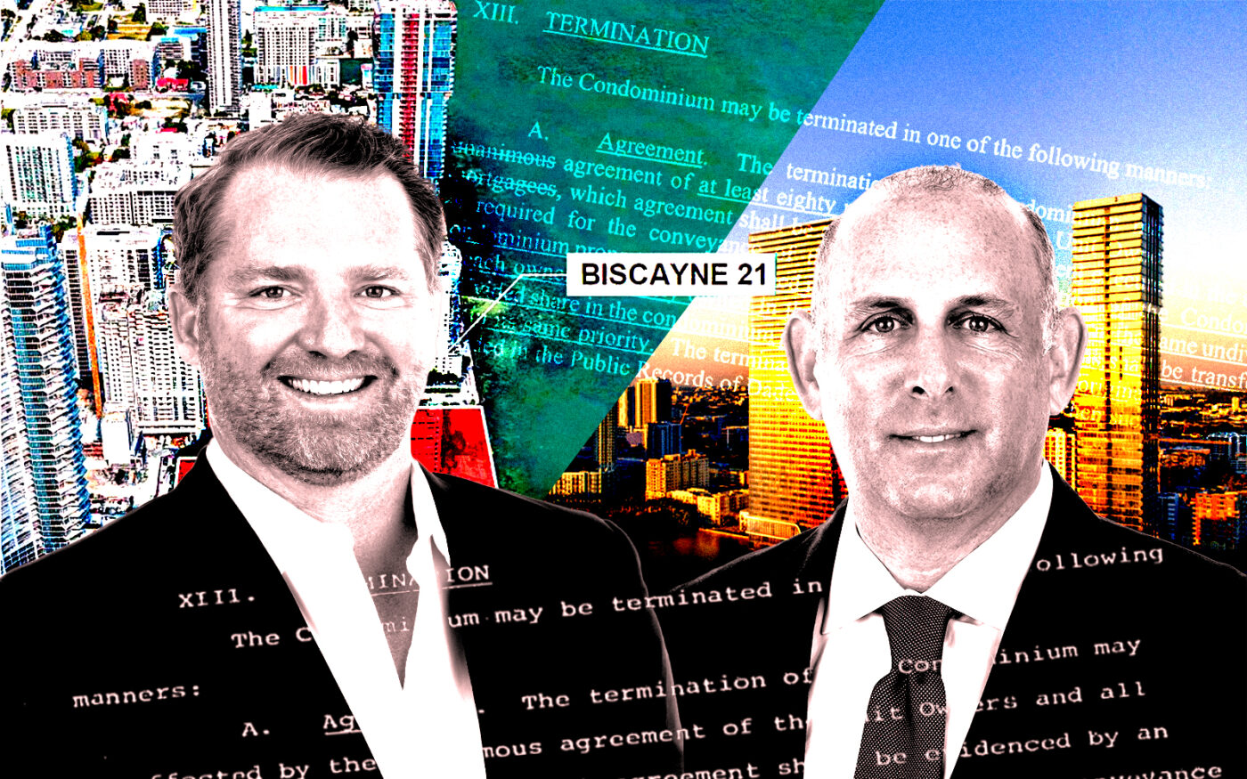 From left: Two Roads Development’s Taylor Collins and Reid Boren along with the current Biscayne 21 site (left) and a rendering of the planned project at Biscayne 21 (right) (Getty, Two Roads)