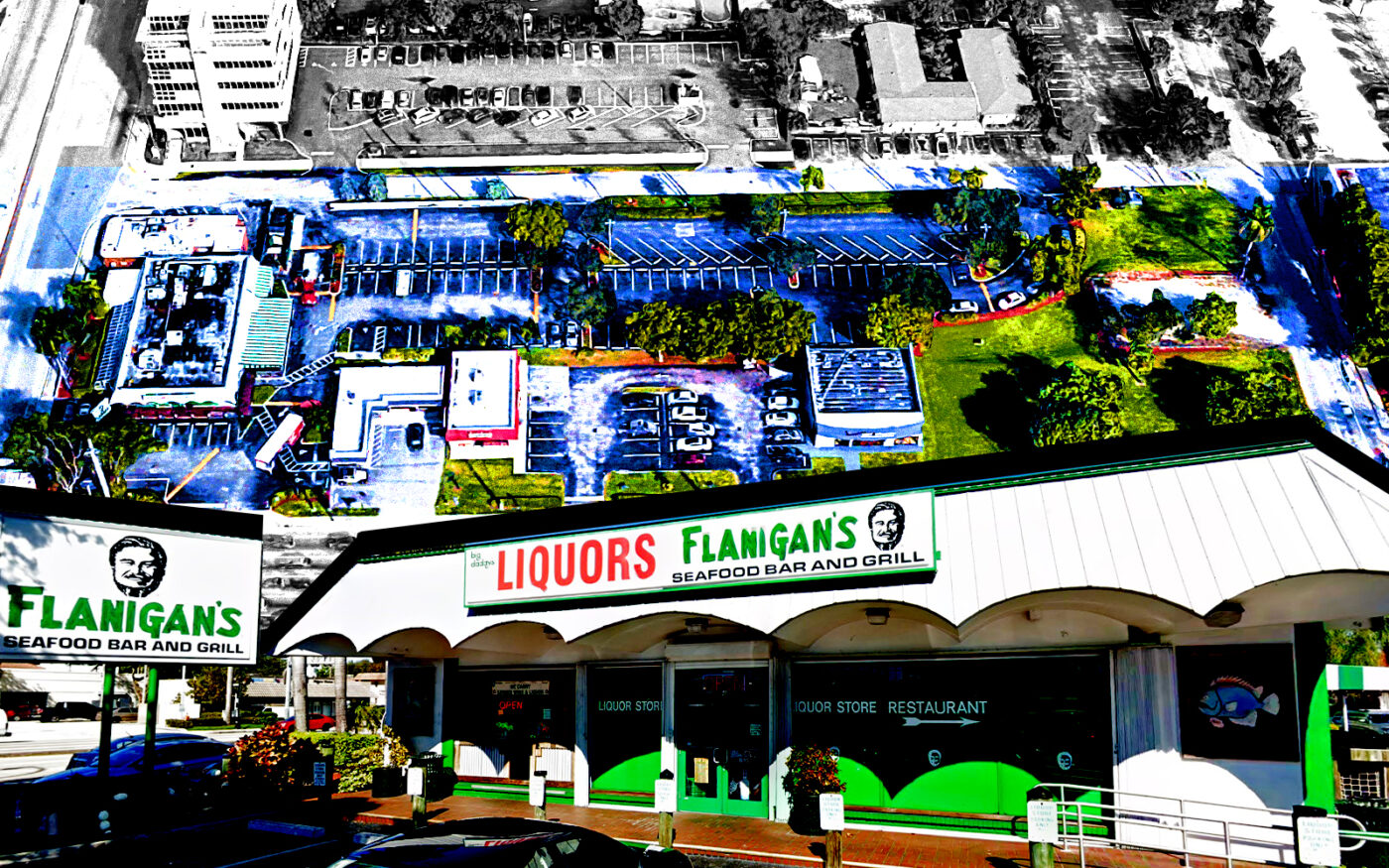 A photo illustration of the retail strip center and outparcels at 615, 701, 707 and 715 East Hallandale Beach Boulevard in Hallandale Beach (Google Maps)