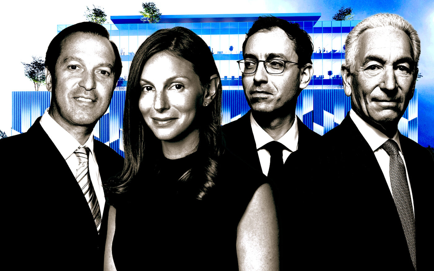 From left: Martin Miculitzki, Nicole Kushner Meyer, Laurent Morali and Charles Kushner with a rendering of Wynd 27 and Wynd 28 in Wynwood (Getty, Kushner Companies, Block Capital Group)