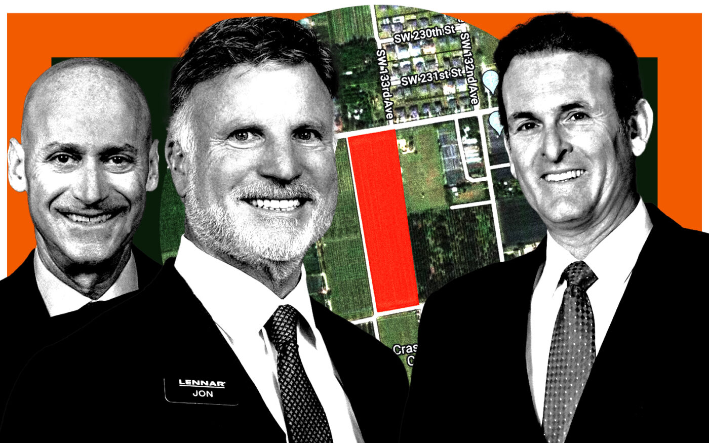 From left: Lennar’s co-CEOs Rick Beckwitt and Jon Jaffe along with Executive Chairman Stuart Miller and an aerial view of the Naranja site on the northwest corner of Southwest 236th Street and Southwest 133rd Avenue (Getty, Google Maps, Lennar)