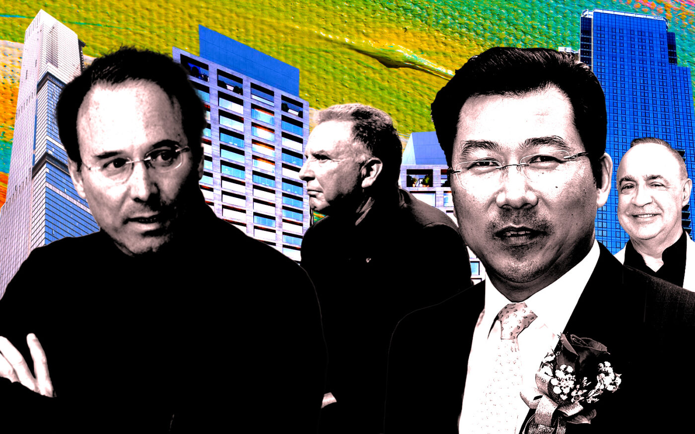 From left: Gary Barnett, Steve Witkoff, Chris Xu, and Len Blavatnik along with Central Park Tower, One High Line, and Skyline Tower (Getty, Extell Development Group, The Witkoff Group, Google Maps)