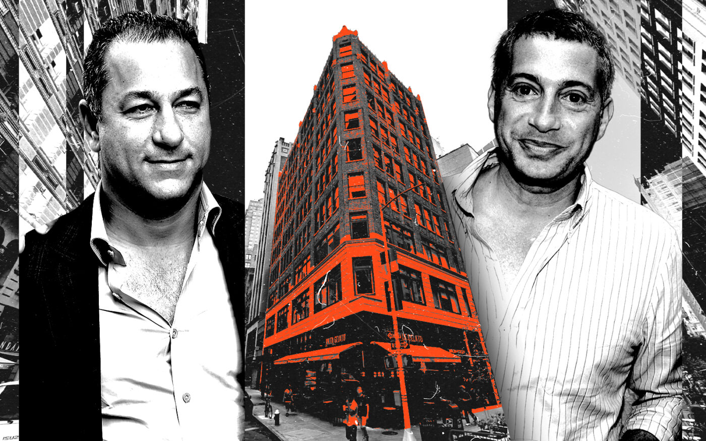 From left: Premier Equities' Yaron Jacobi, Uzi-Ben Abraham and 1141 Broadway (Photo Illustration by Steven Dilakian for The Real Deal with Getty, Google Maps)