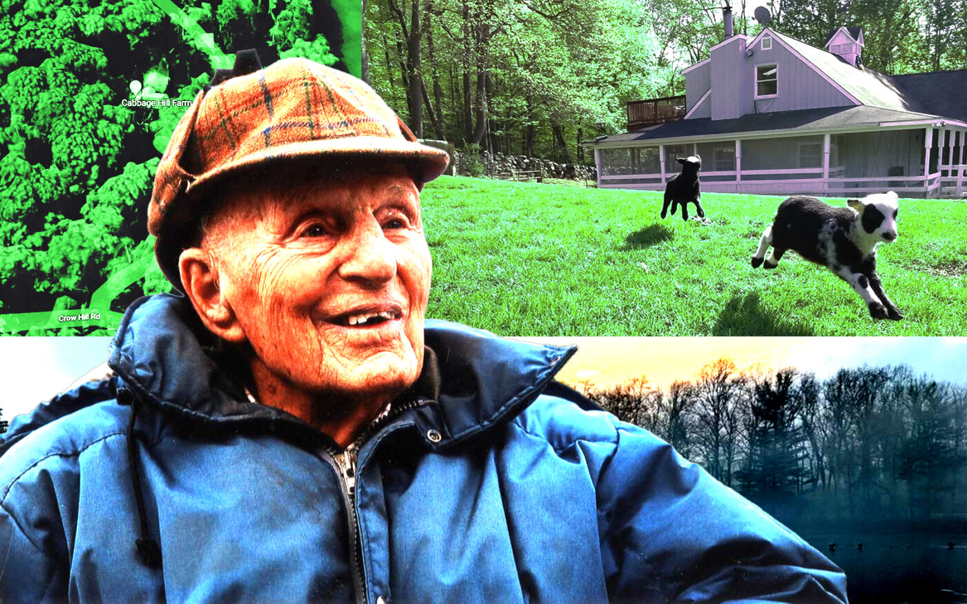 A photo illustration of late KKR co-founder Jerome Kohlberg and Cabbage Hill Farm at 115 Crow Hill Road in Mount Kisco (Kohlberg Foundation, Instagram/Cabbage Hill Farm, Google Maps)