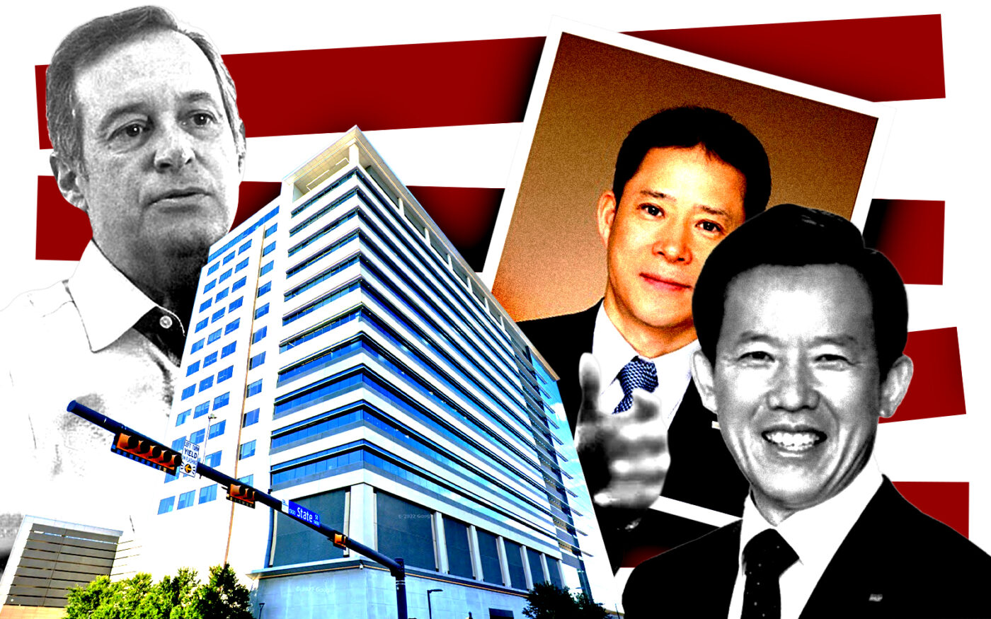 From left: Transwestern Investment Group's Charles Hazen, Mirae Asset Securities' Man Yeol Lee and Hyun Man Choi, and 1415 State Street in Richardson (Transwestern Investment Group, Mirae Asset Securities, Google Maps)