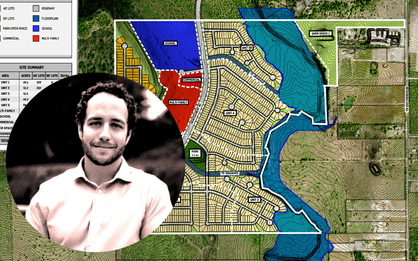 Mosaic co-founder Blake Yantis and the preliminary master plan of Tres Laurels (Mosaic Land Development, LinkedIn)