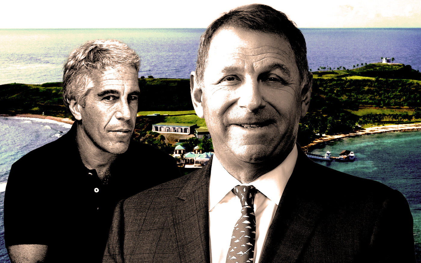 From left: Jeffrey Epstein, Stephen Deckoff and an aerial shot of Little Saint James (Getty, Bespoke Real Estate, SD Investments)