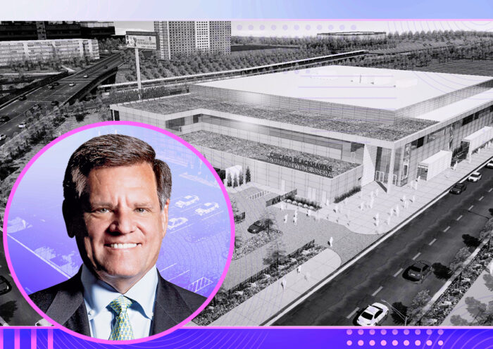 Chicago Blackhawks owner Rocky Wirtz and a rendering of Fifth Third Arena