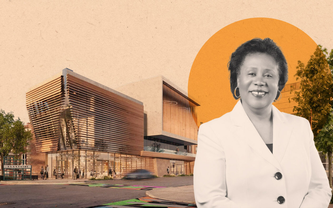 Black Ensemble Theater's Jackie Taylor; renderings of plans for 4450 North Clark Street (Getty, Black Ensemble Theater, Nia Architects and Gensler)