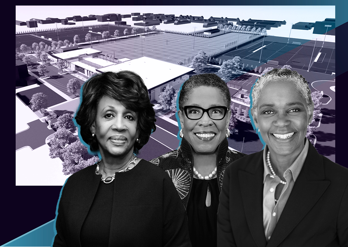 Rep. Maxine Waters, HUD Secretary Marcia Fudge and CHA CEO Tracey Scott with a rendering of Chicago Fire’s new facility