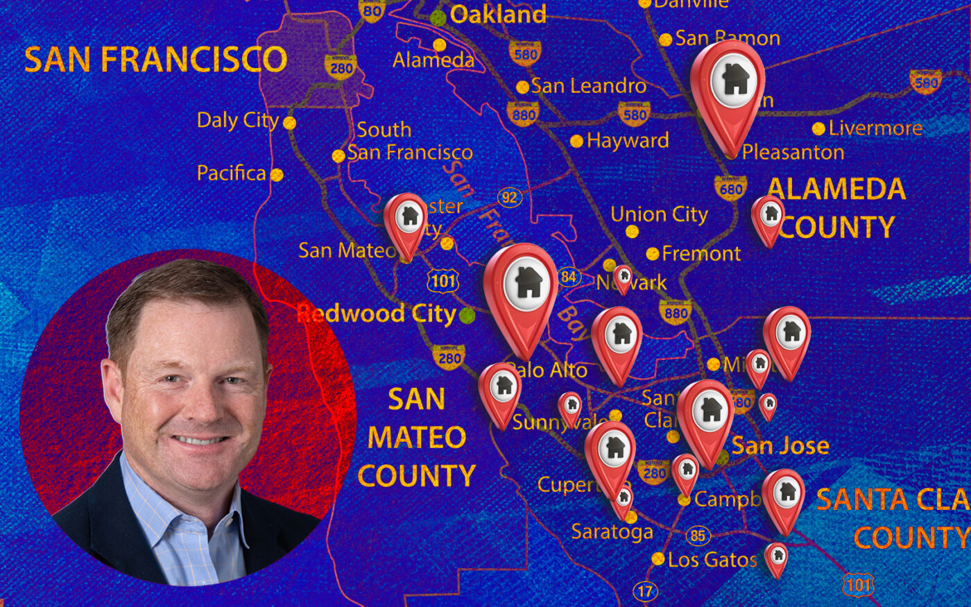 Bay Area Council's Matt Regan and Map of the Greater Bay area with indications of builders remedy projects